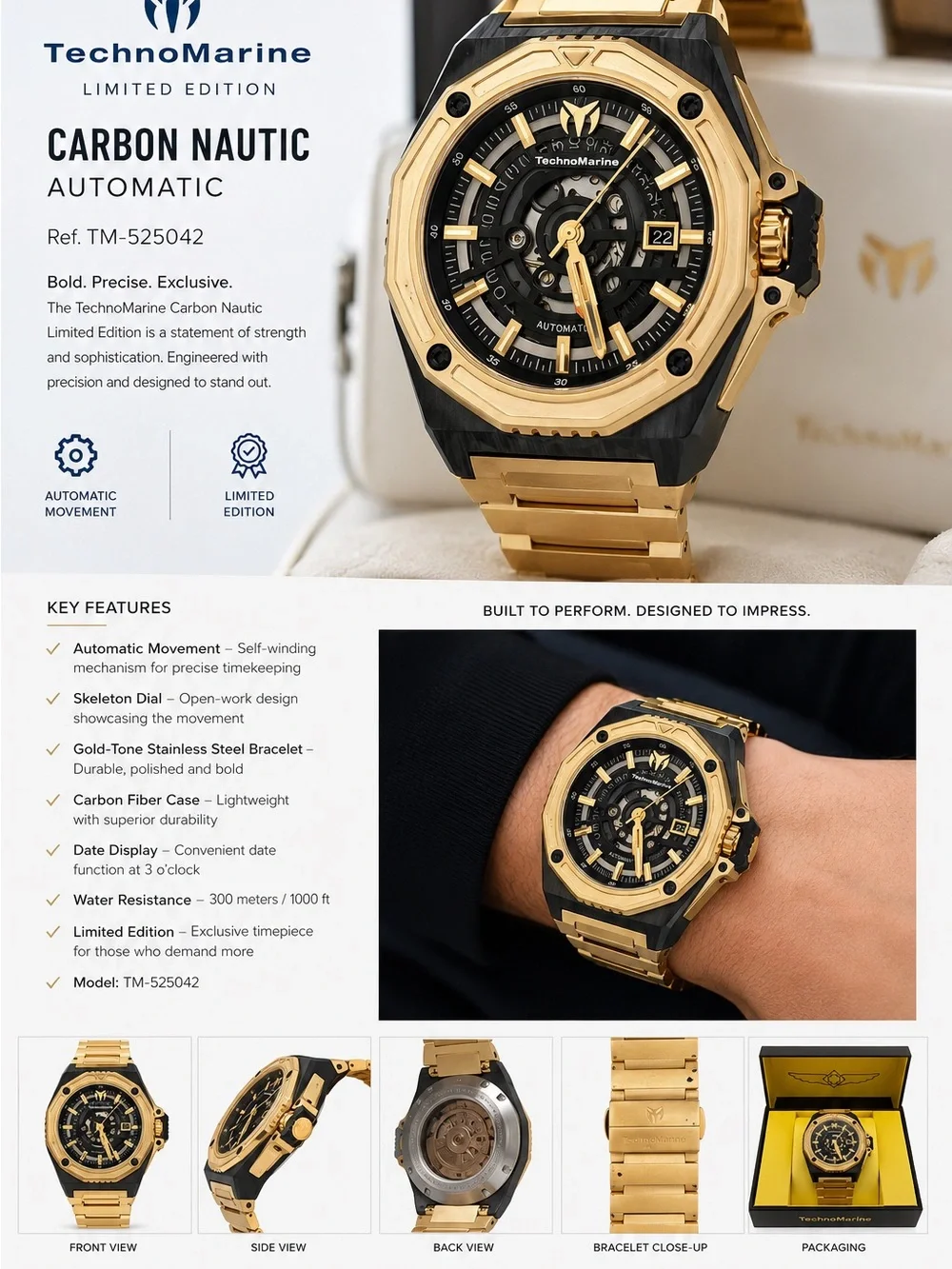 Technomarine Gold and Black Carbon Nautic Automatic Skeleton Watch